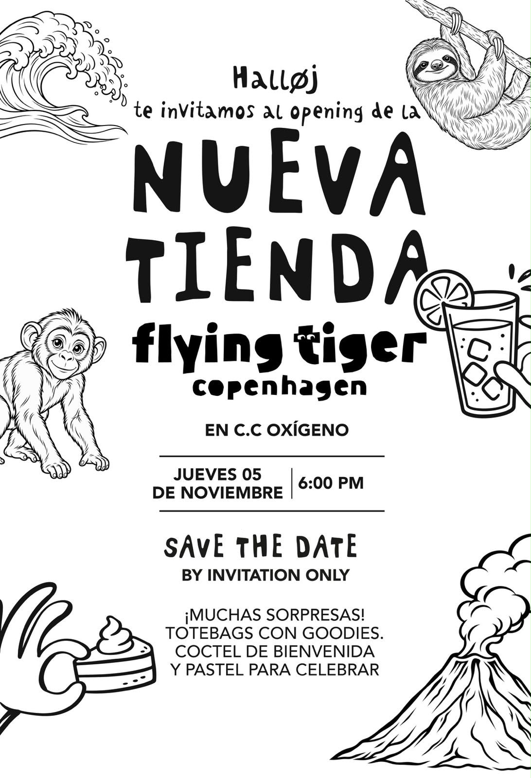 Invitación ilustrada al opening de la nueva tienda Flying Tiger Copenhagen en C.C. Oxígeno, jueves 5 de noviembre a las 6:00 p. m.
